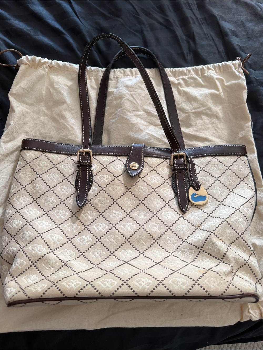 Dooney & Bourke Beige and Brown Logo Tote with Leather Trim